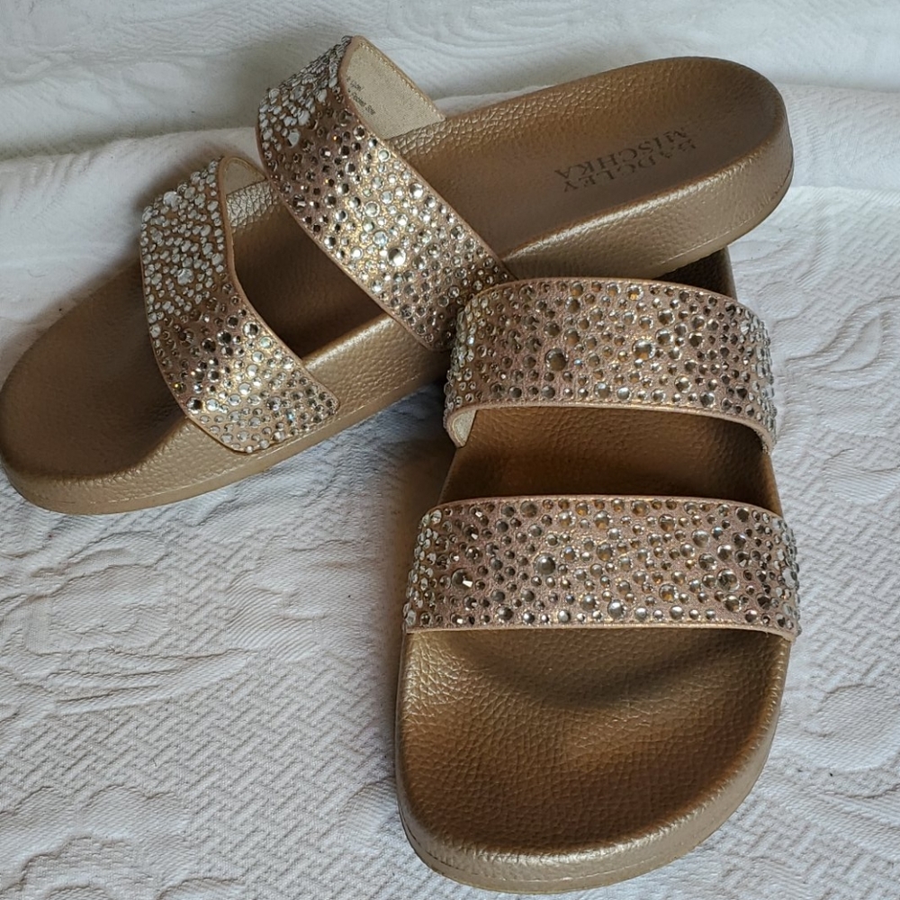 Badgley Mischka metallic crystal flat slide sandal